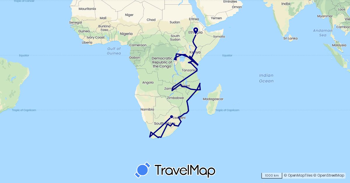 TravelMap itinerary: driving in Ethiopia, Kenya, Lesotho, Malawi, Mozambique, Rwanda, Swaziland, Tanzania, Uganda, South Africa, Zambia (Africa)